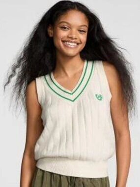 Victoria’s Secret PINK Cream Green Logo Sweater Vest Collegiate Size L NWT